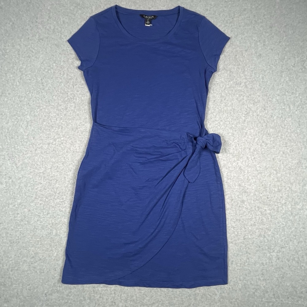 Ralph Lauren Slub Jersey Cap-Sleeve Dress Soft Sapphire Blue Wrap Stretch Tie 4